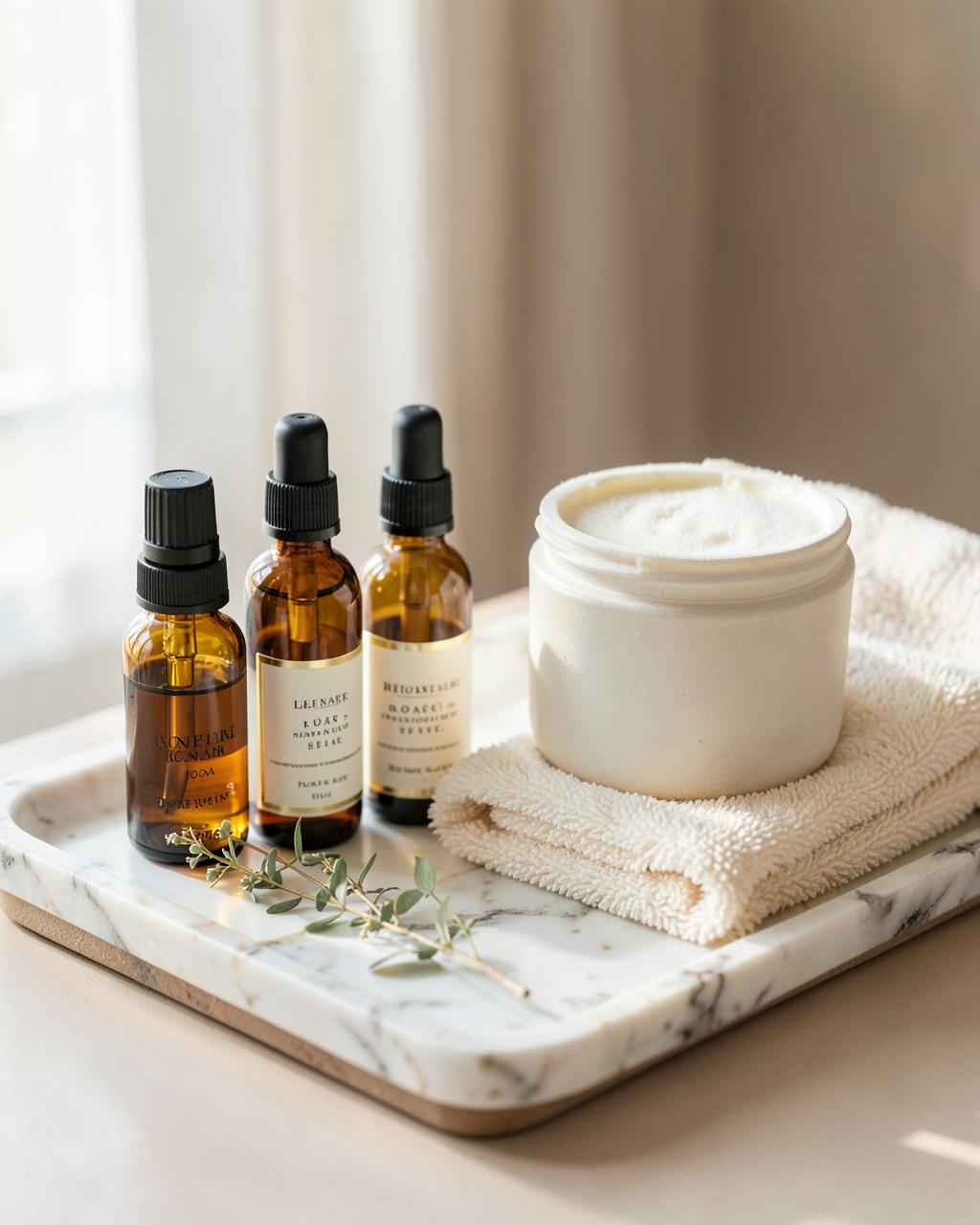 Curated skincare serums and cream arranged on a marble tray with a folded towel