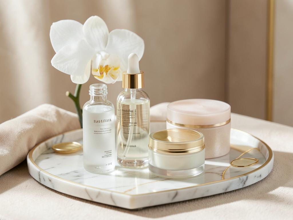 Elegant skincare serums and creams arranged on a marble tray